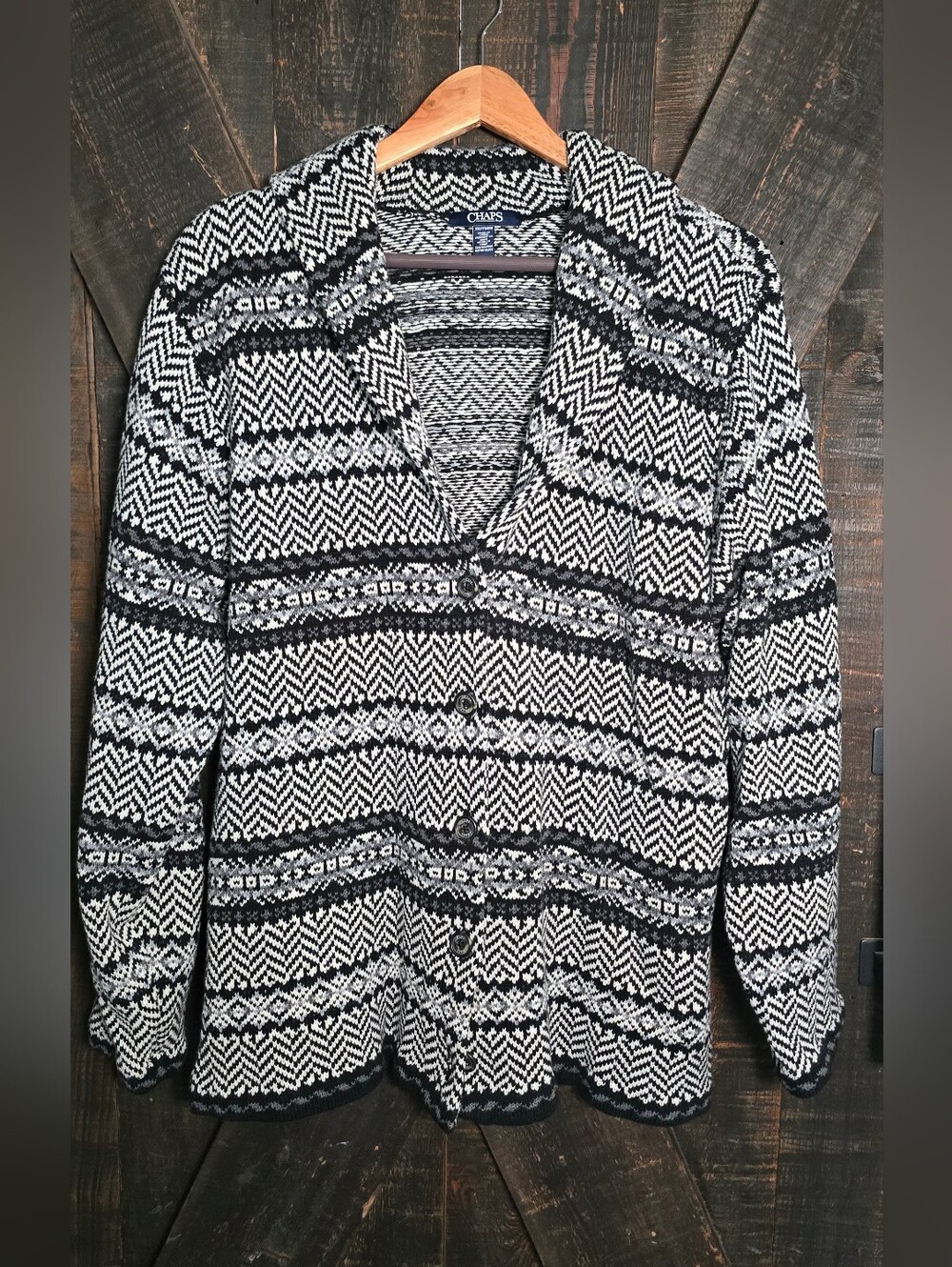 Chaps Black & White Fair Isle Button-Up Cardigan Size XXL